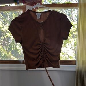 SHEIN Brown Ruched Crop Blouse with Tie Front